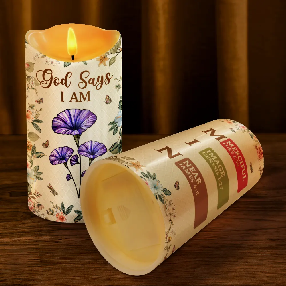 Stained Glass Birth Flower Mosaic Art God Says I Am - Personalized Flameless LED Candle - Image 4