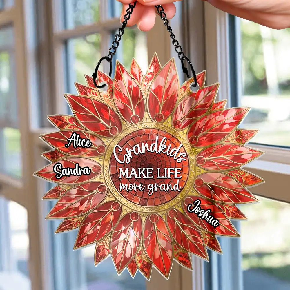 Stained Glass Effect Sunflower Grandkids Make Life Grand - Personalized Window Hanging Suncatcher Ornament - Image 2