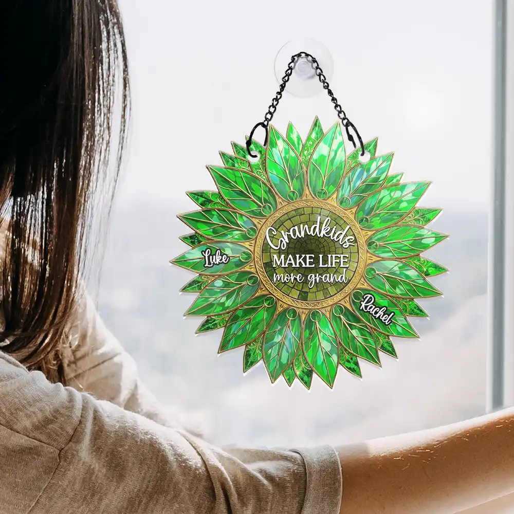 Stained Glass Effect Sunflower Grandkids Make Life Grand - Personalized Window Hanging Suncatcher Ornament - Image 4