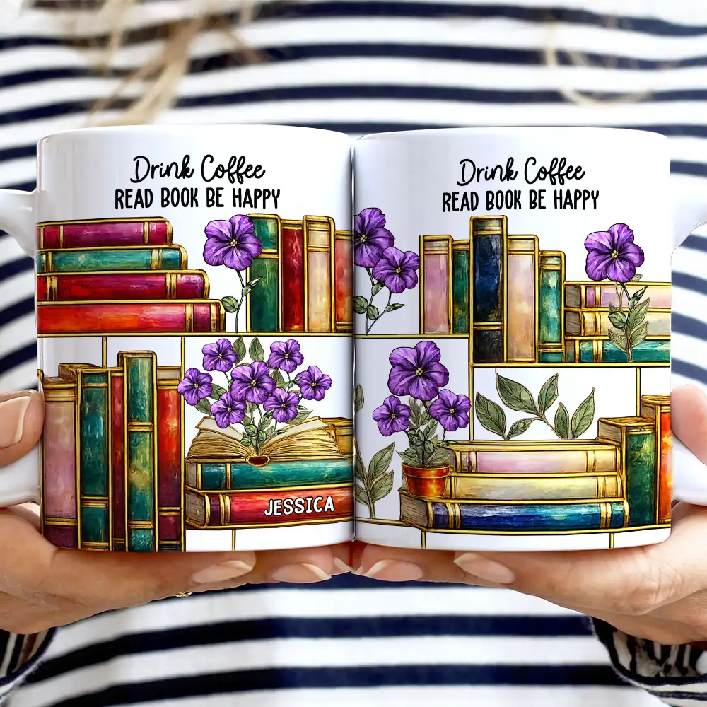 Stained Glass Style Birth Month Flower A Girl Who Loves Books - Personalized White Edge-to-Edge Mug - Image 2