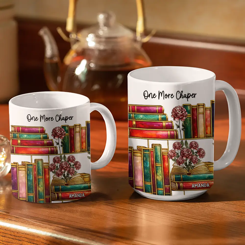 Stained Glass Style Birth Month Flower A Girl Who Loves Books - Personalized White Edge-to-Edge Mug - Image 3
