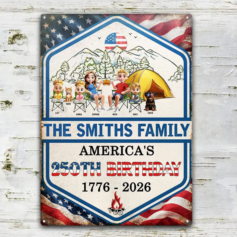 Stars And Stripes American 250th Birthday Family Camping - Personalized Classic Metal Signs - Image 2
