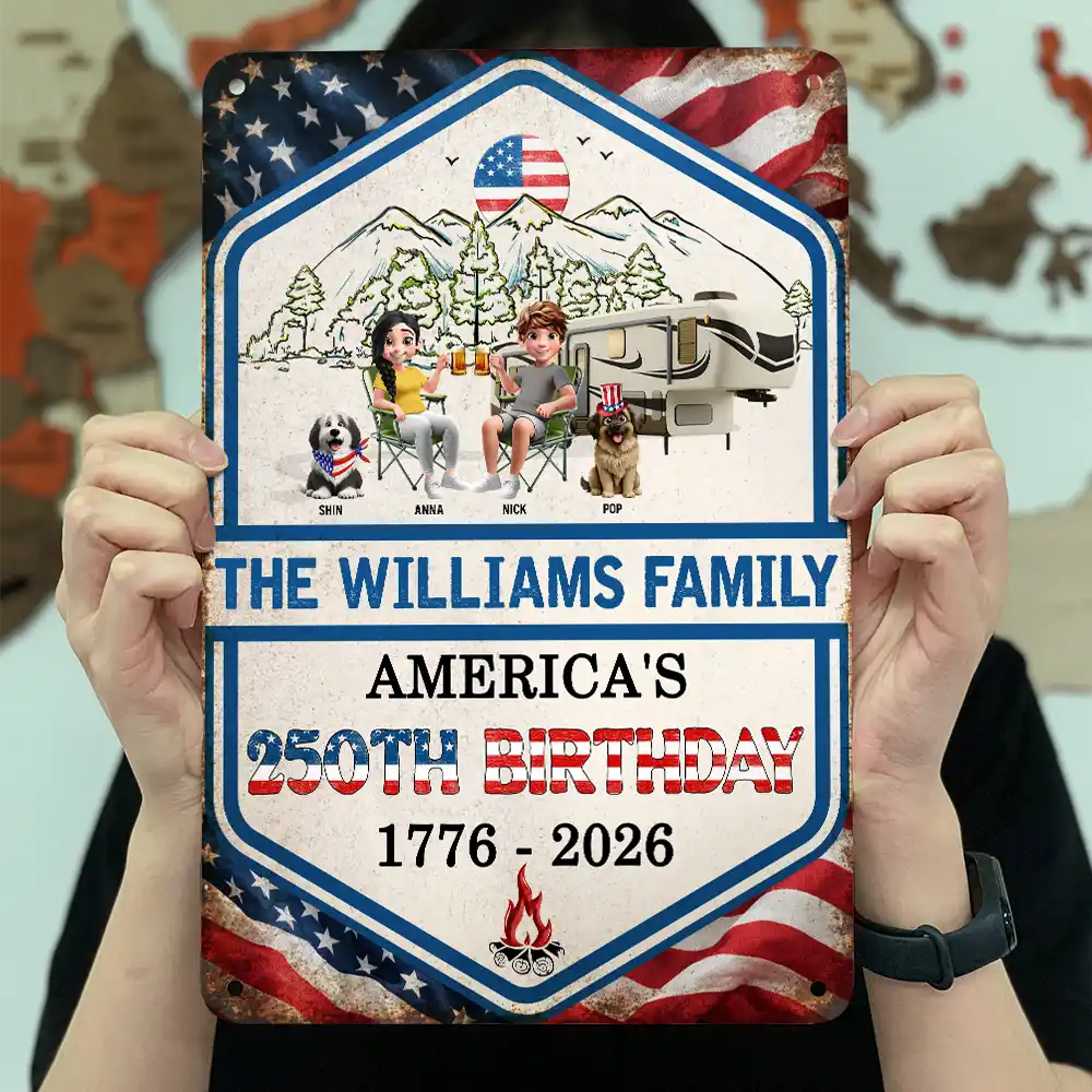 Stars And Stripes American 250th Birthday Family Camping - Personalized Classic Metal Signs - Image 3