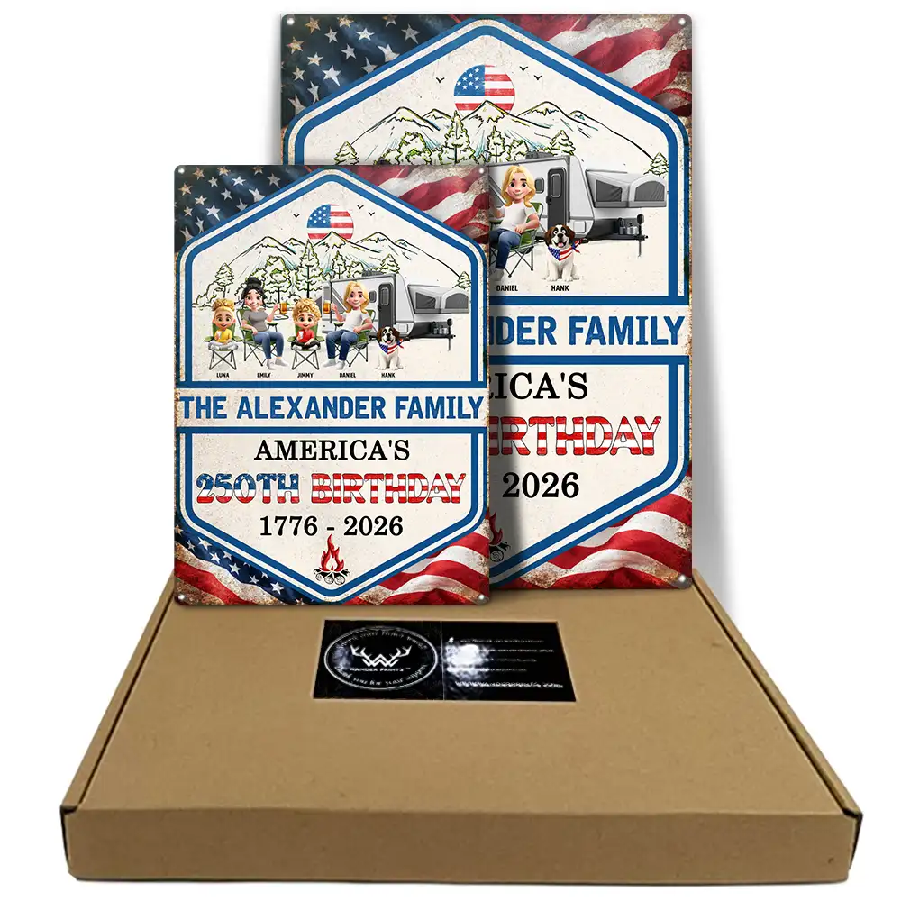 Stars And Stripes American 250th Birthday Family Camping - Personalized Classic Metal Signs - Image 5