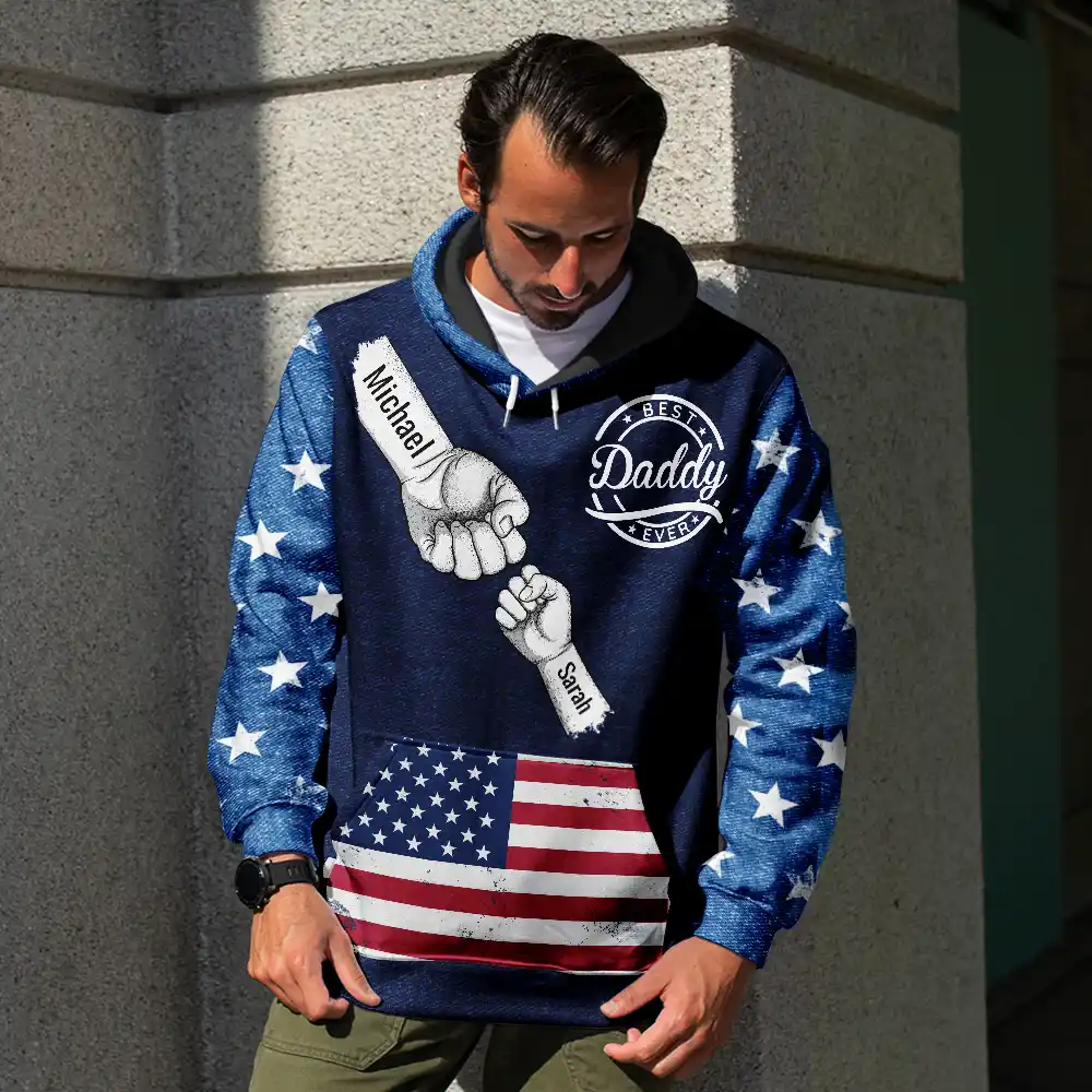 Stars And Stripes Dad Kid Hand Grunge - Personalized Pullover Hoodie - Image 3