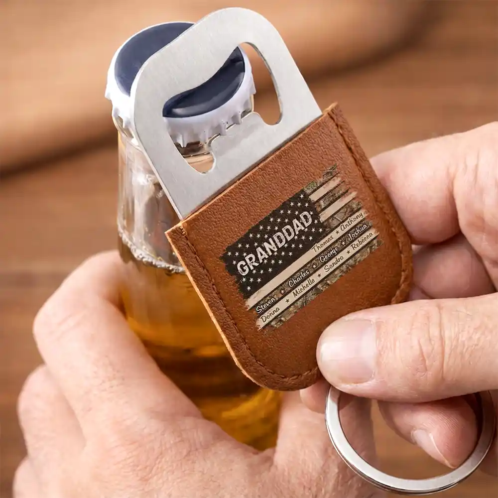 Stars And Stripes Dad Papa Grandfather - Personalized Leather Bottle Opener Keychain - Image 3