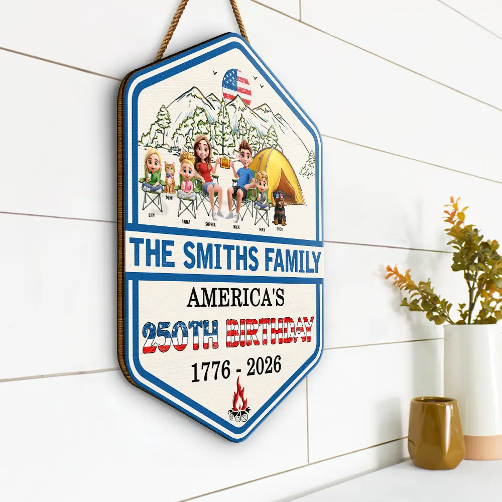 Stars And Stripes Family Camping On The Fourth Of July - Personalized Custom Shaped Wood Sign - Image 2
