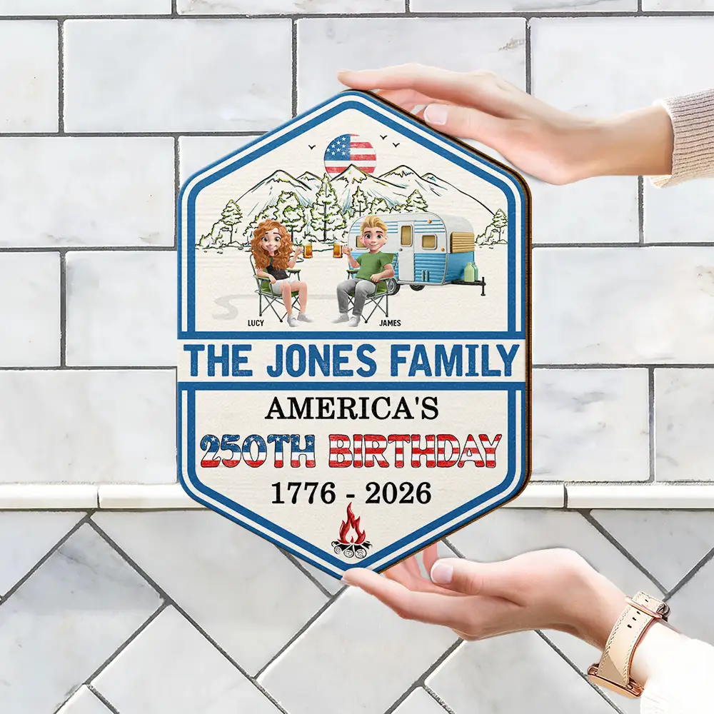 Stars And Stripes Family Camping On The Fourth Of July - Personalized Custom Shaped Wood Sign - Image 4