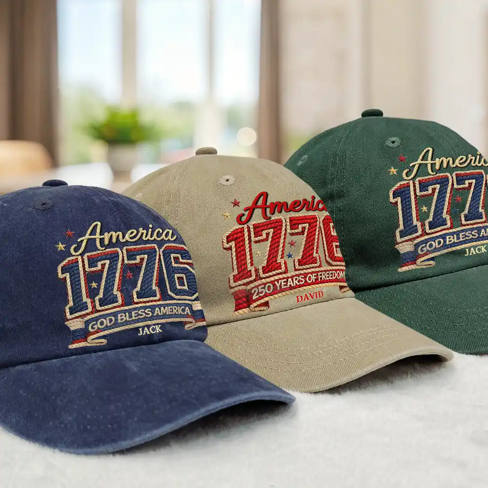 Stars And Stripes Faux Embroidery Effect 1776 America - Personalized Vintage Washed Denim Cap - Image 3