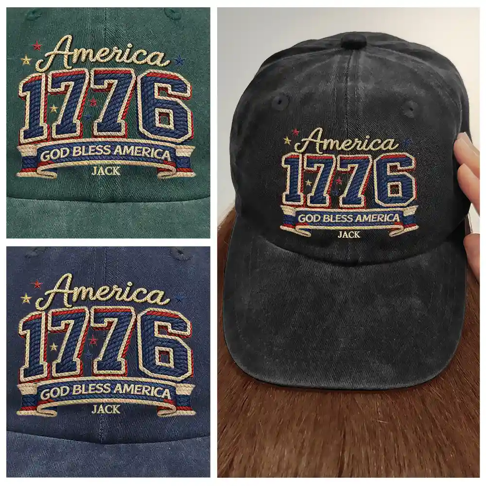 Stars And Stripes Faux Embroidery Effect 1776 America - Personalized Vintage Washed Denim Cap - Image 4