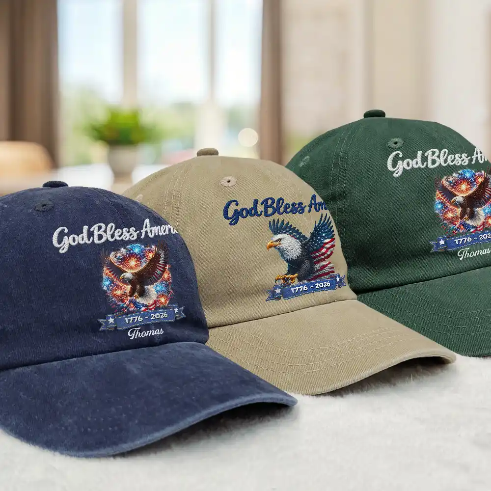 Stars And Stripes Faux Embroidery Effect God Bless America - Personalized Vintage Washed Denim Cap - Image 3