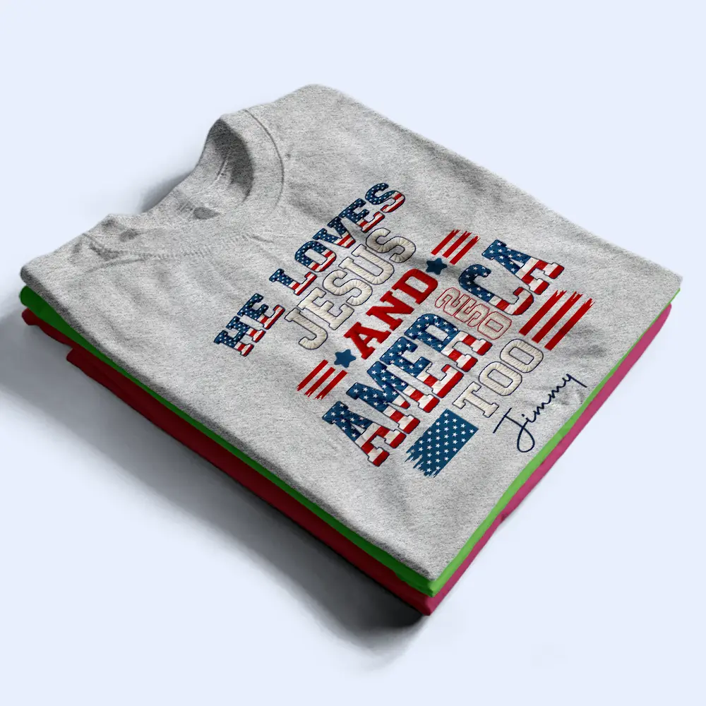 Stars And Stripes Faux Embroidery Effect Love Jesus And America - Personalized T Shirt - Image 3