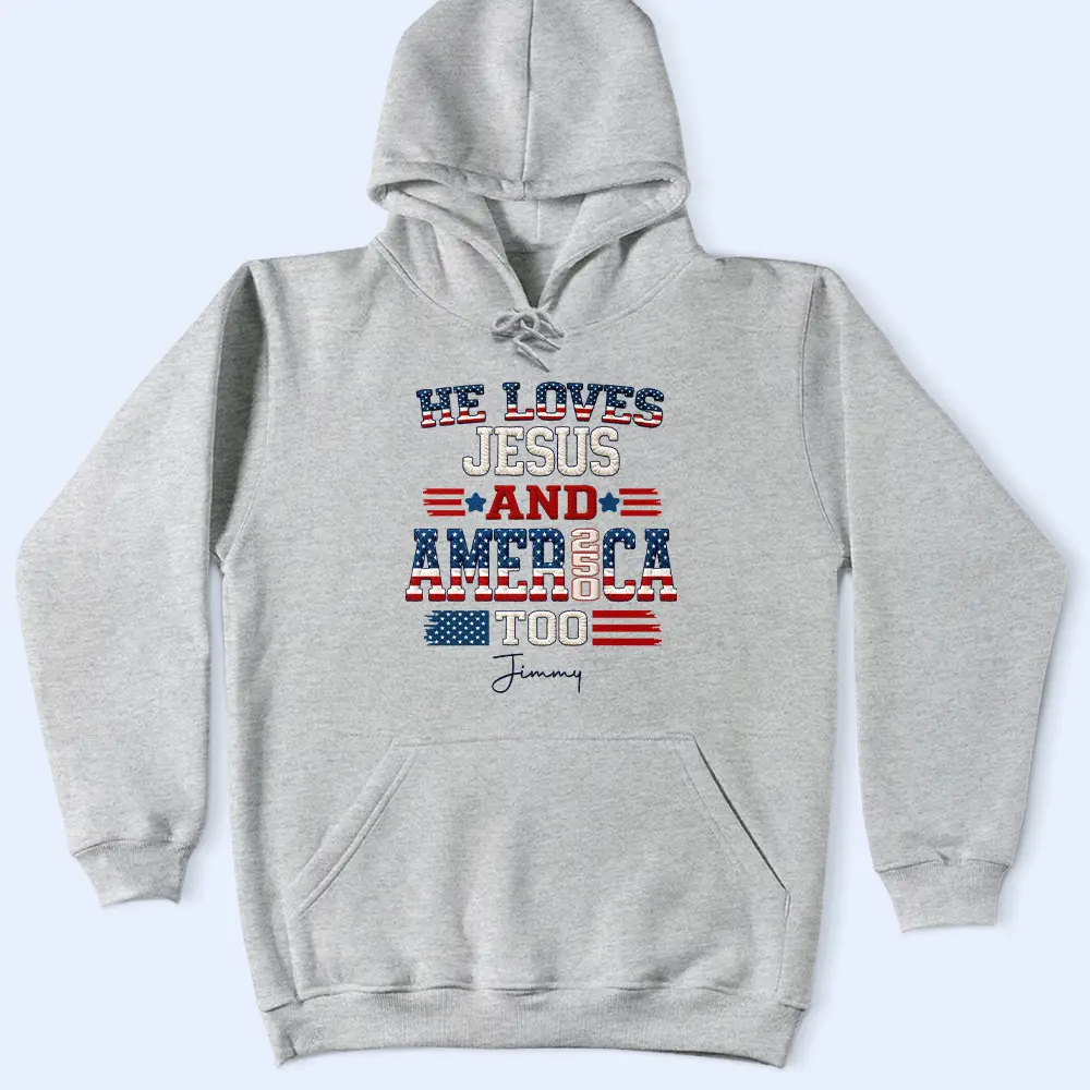Stars And Stripes Faux Embroidery Effect Love Jesus And America - Personalized T Shirt - Image 5