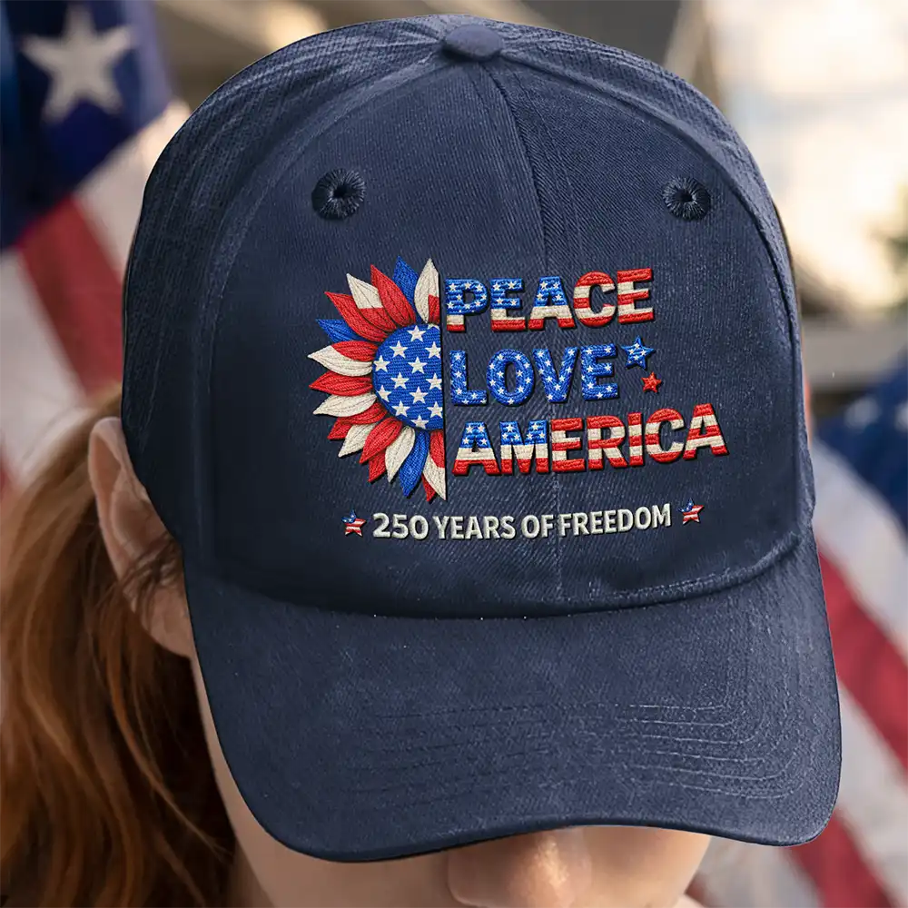 Stars And Stripes Faux Embroidery Effect Peace Love America 250 - Vintage Washed Denim Cap - Image 2