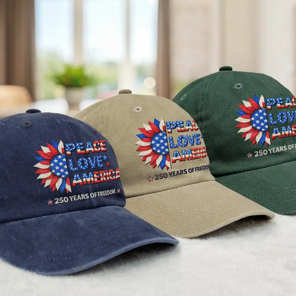 Stars And Stripes Faux Embroidery Effect Peace Love America 250 - Vintage Washed Denim Cap - Image 3
