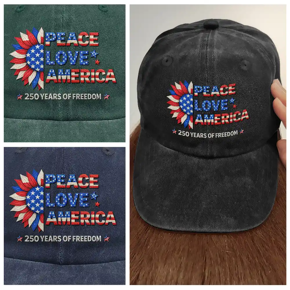 Stars And Stripes Faux Embroidery Effect Peace Love America 250 - Vintage Washed Denim Cap - Image 4