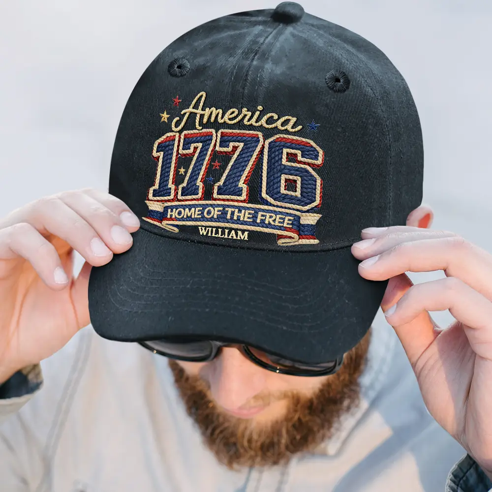 Stars And Stripes Faux Embroidery Effect We The People - Personalized Vintage Washed Denim Cap - Image 2