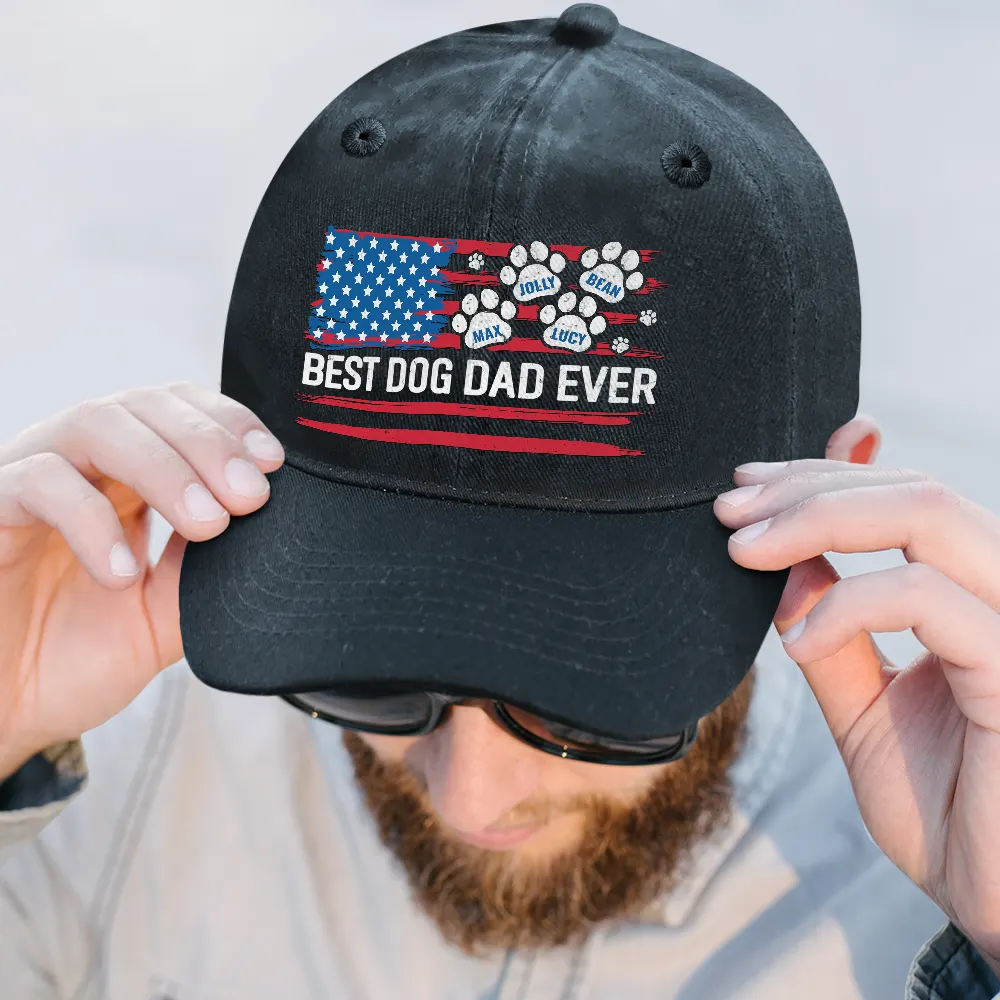 Stars And Stripes Paw Dog Cat Dad - Personalized Vintage Washed Denim Cap - Image 2
