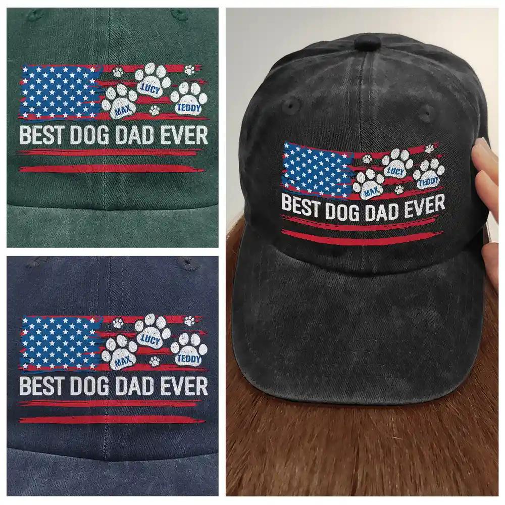 Stars And Stripes Paw Dog Cat Dad - Personalized Vintage Washed Denim Cap - Image 4