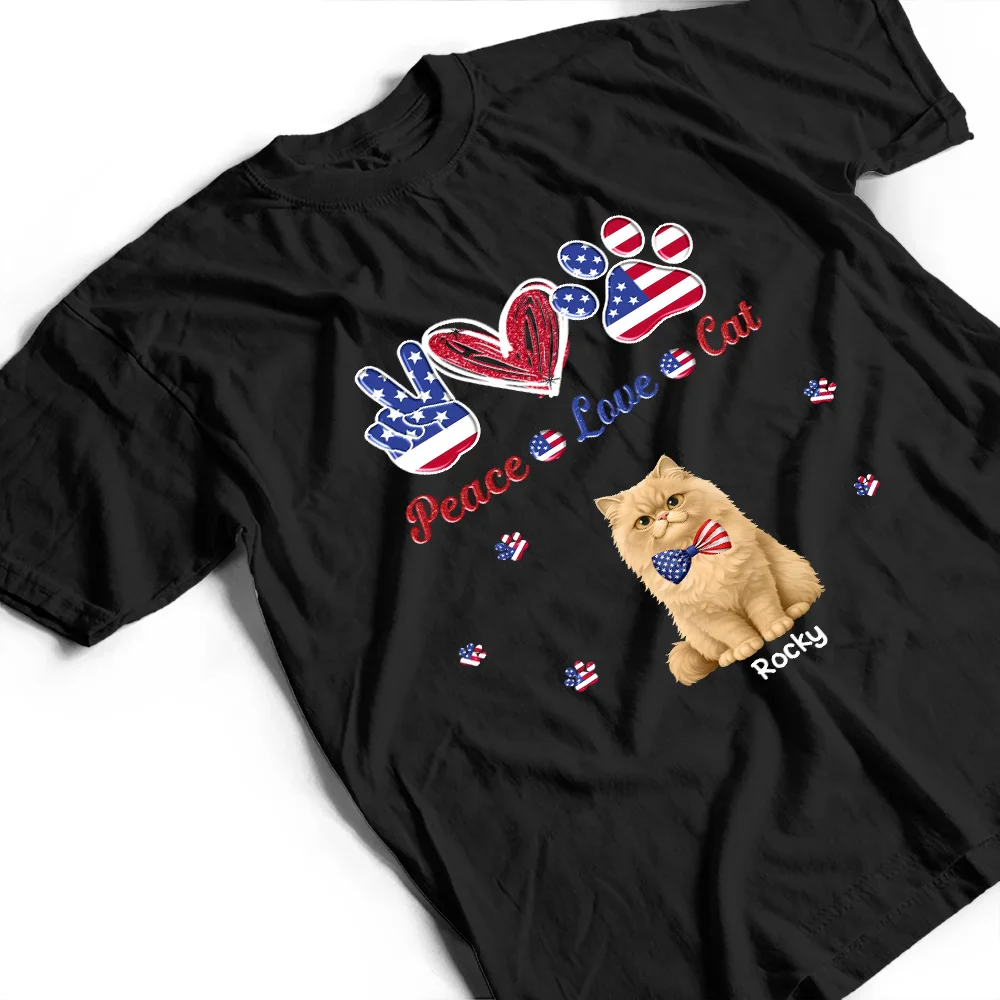 Stars And Stripes Peace Love Cats - Personalized T Shirt - Image 4