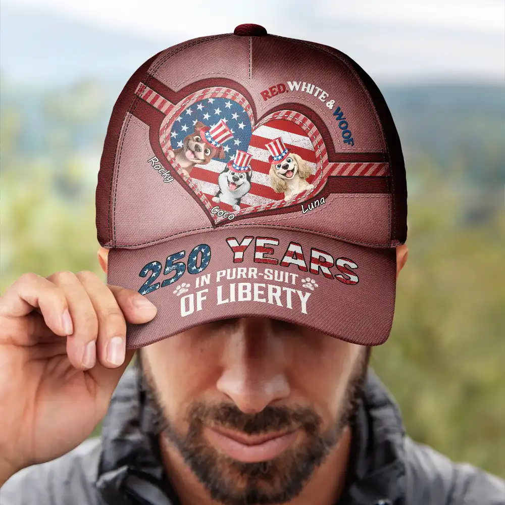Stars And Stripes Red White Woof - Personalized Classic Cap - Image 4