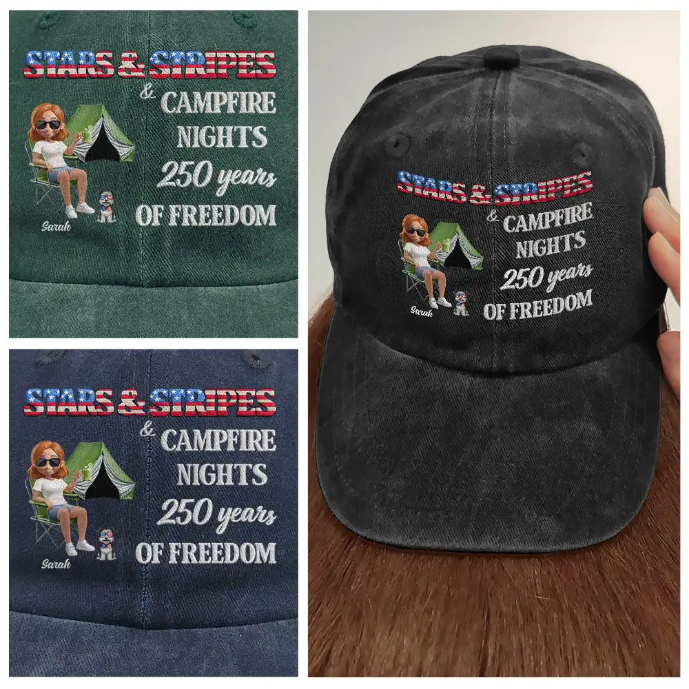 Stars & Stripes & Campfire Nights - Personalized Vintage Washed Denim Cap - Image 4