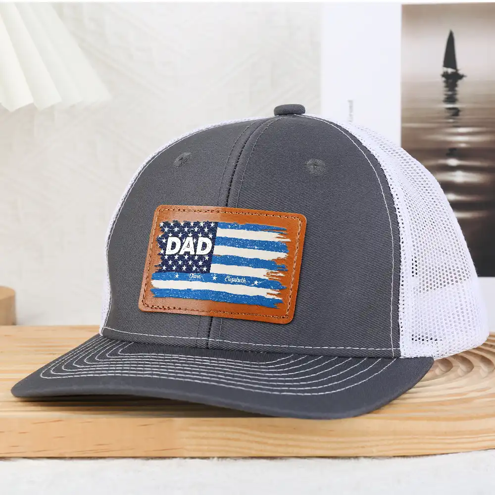Stars & Stripes Dad Grandpa Names - Personalized Leather Patch Hat - Image 4