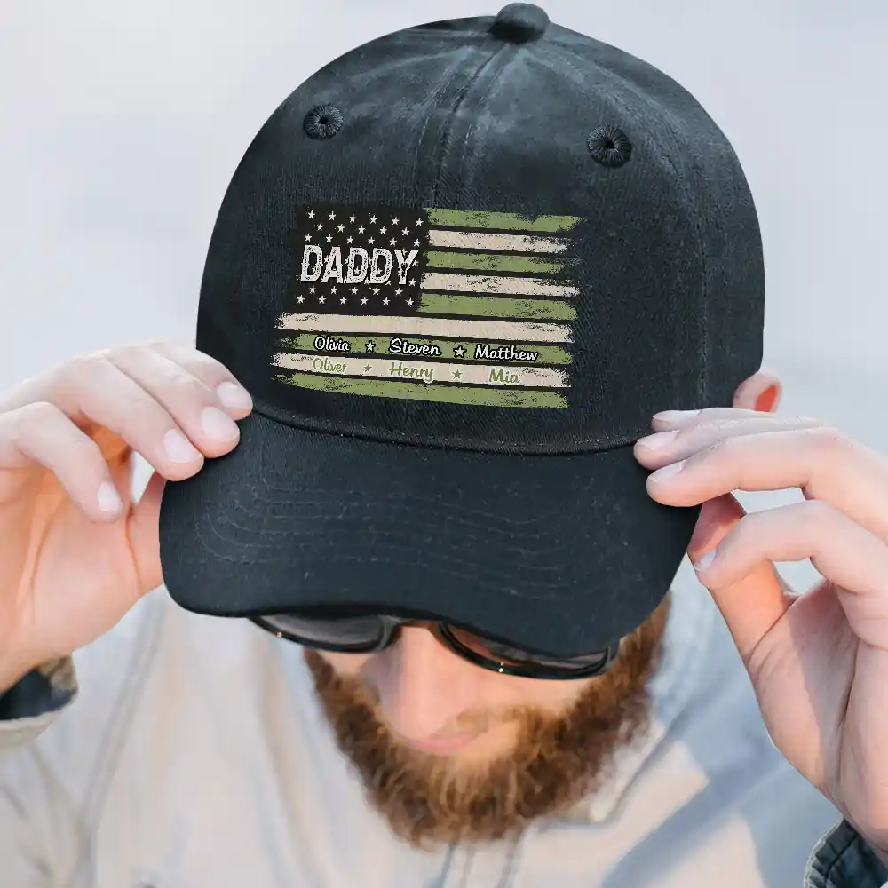 Stars & Stripes US Flag American Dad Grandpa - Personalized Vintage Washed Denim Cap - Image 3