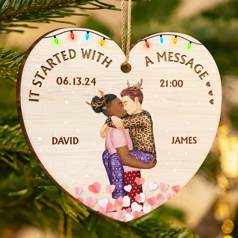 Started With A Message Couples Christmas - Personalized Custom Shaped Wooden Ornament - Image 3