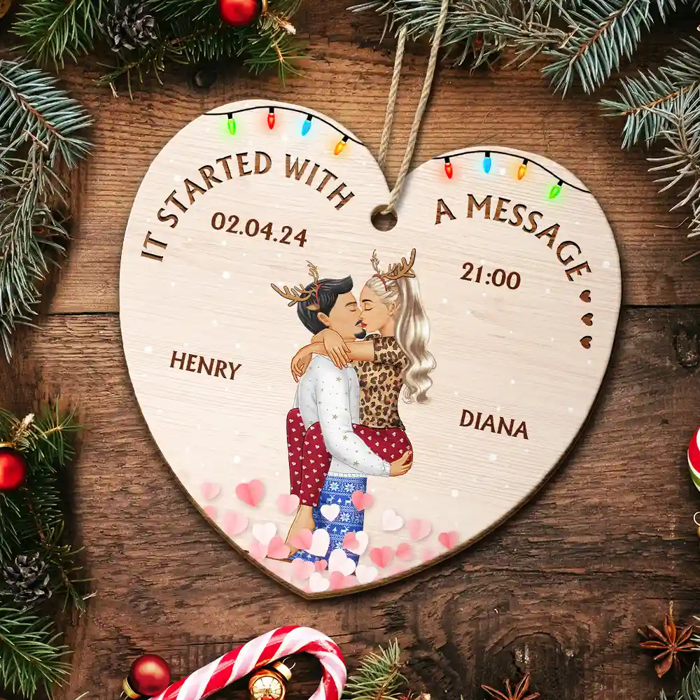 Started With A Message Couples Christmas - Personalized Custom Shaped Wooden Ornament - Image 5