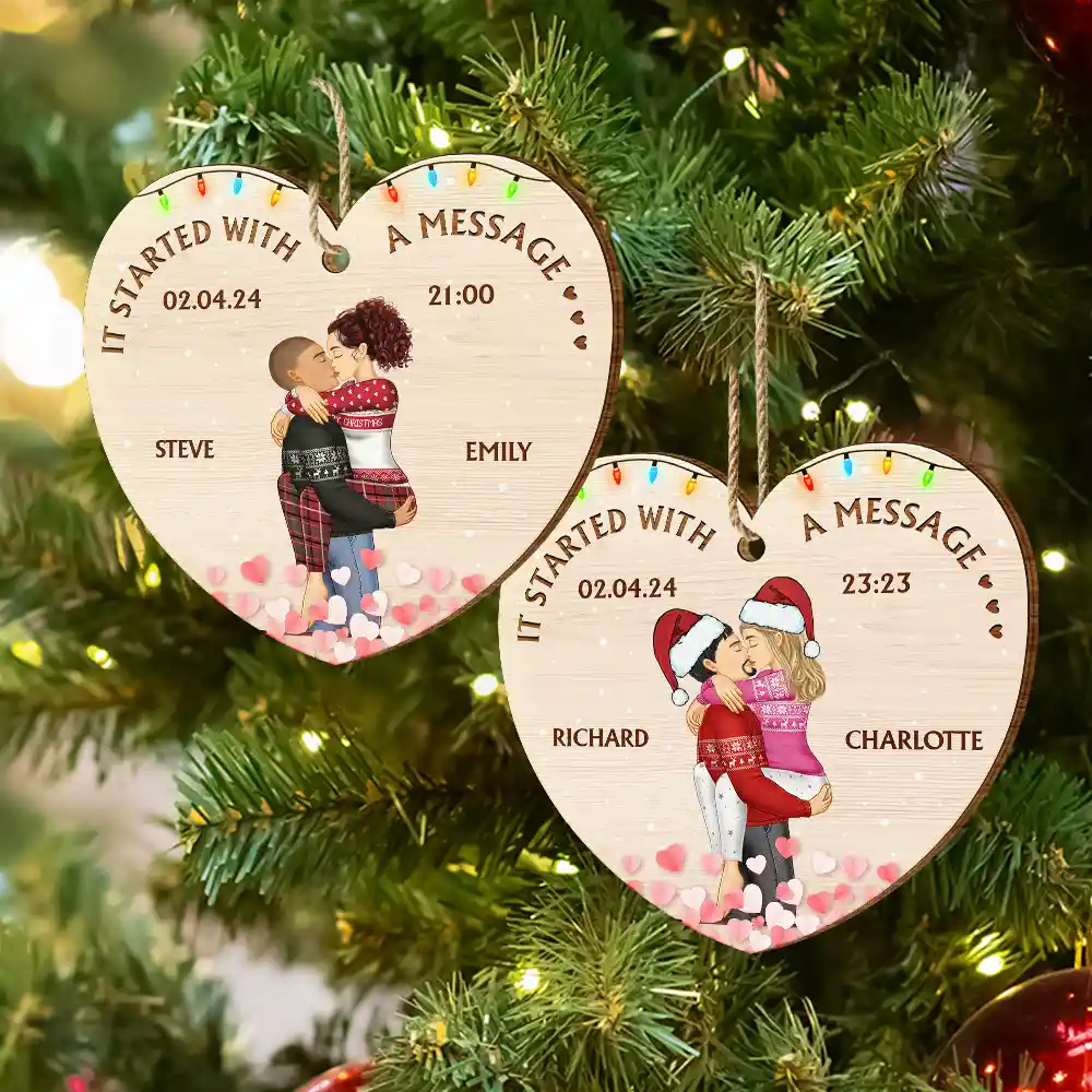 Started With A Message Couples Christmas - Personalized Custom Shaped Wooden Ornament - Image 6