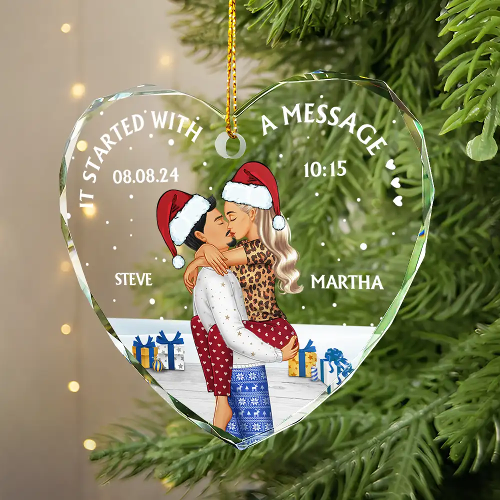 Started With A Message Couples Christmas - Personalized Heart Shaped Glass Ornament - Image 2