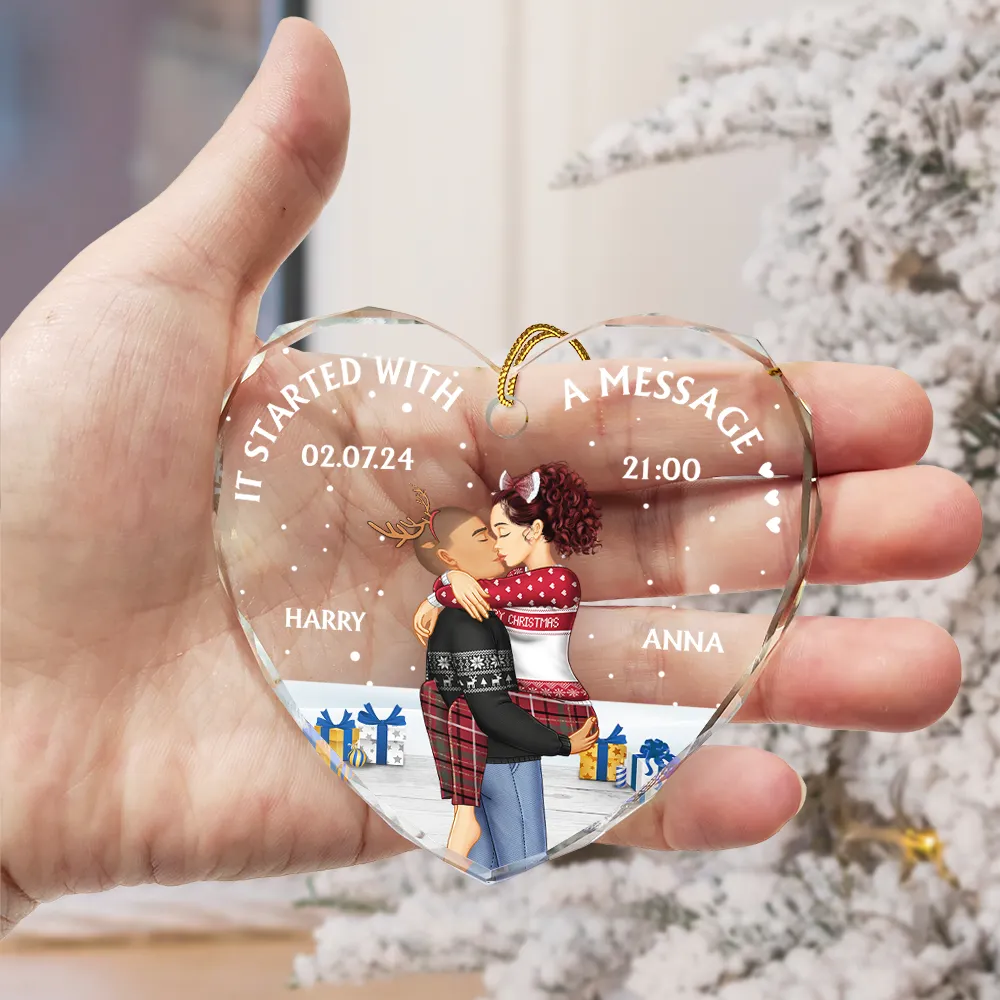 Started With A Message Couples Christmas - Personalized Heart Shaped Glass Ornament - Image 3