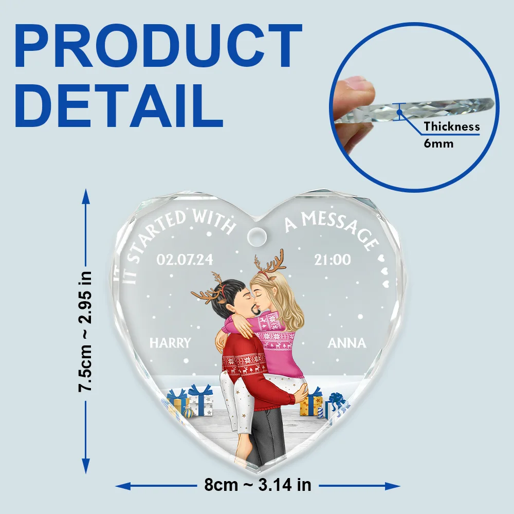 Started With A Message Couples Christmas - Personalized Heart Shaped Glass Ornament - Image 5
