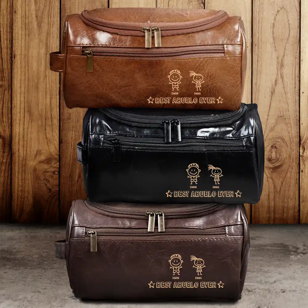 Stick Figure Best Dad Ever - Personalized Leather Toiletry Bag - Image 2