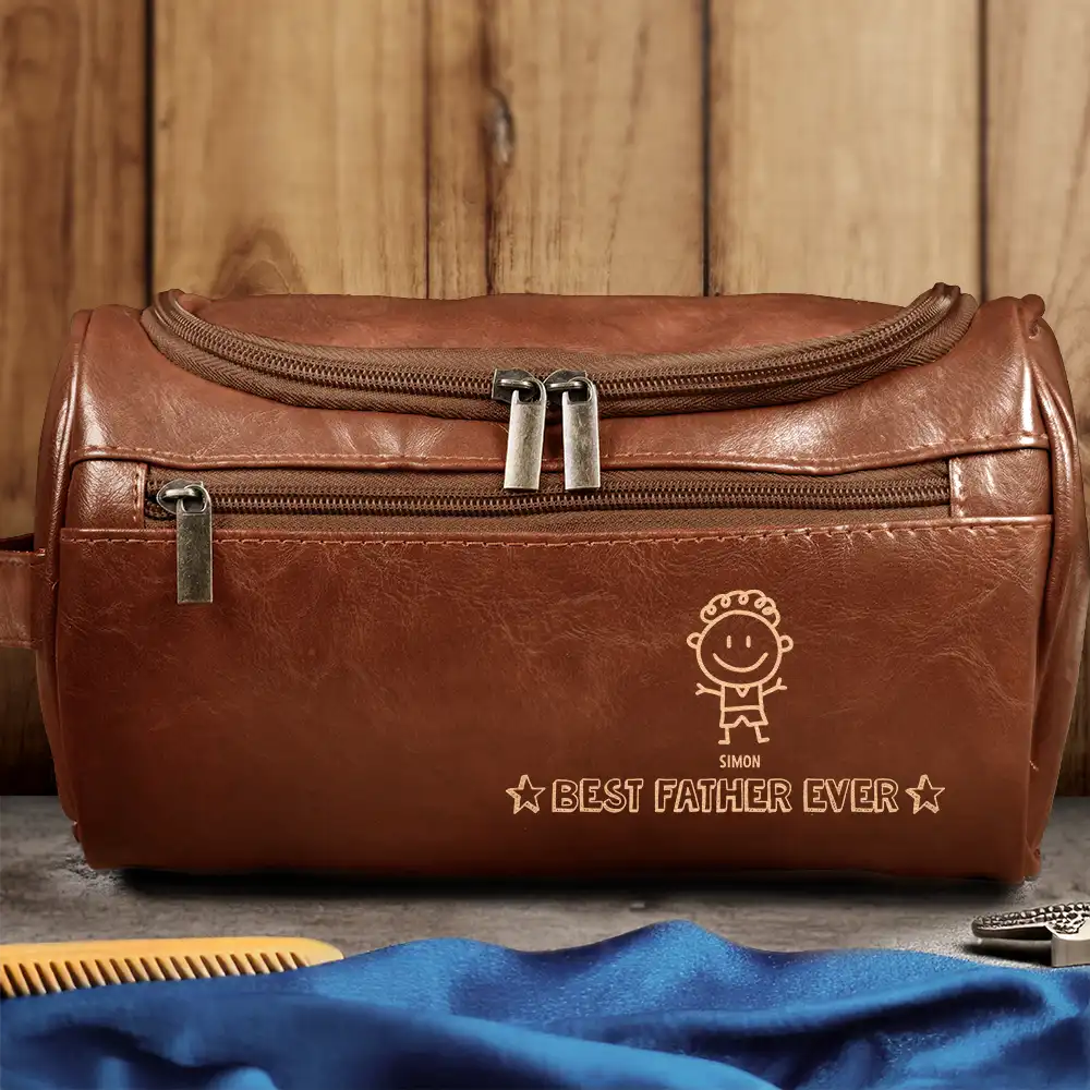 Stick Figure Best Dad Ever - Personalized Leather Toiletry Bag - Image 3