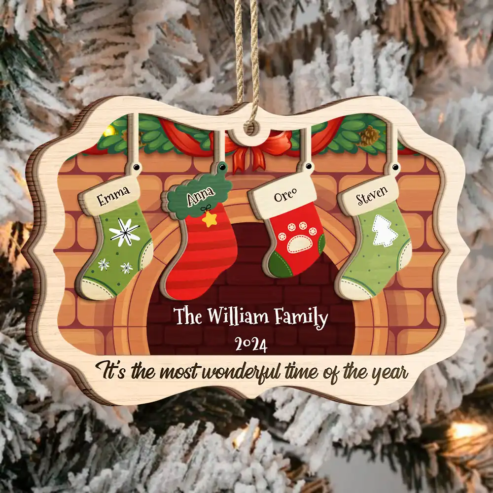 Stockings Hanging The Most Wonderful Time Of Year - Gift For Family - Personalized Custom 2-Layered Wooden Ornament - Image 3