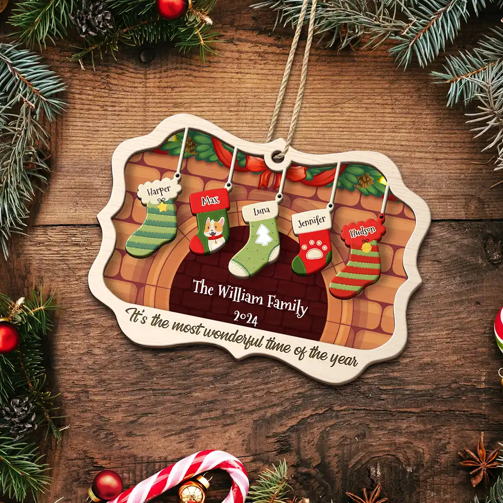 Stockings Hanging The Most Wonderful Time Of Year - Gift For Family - Personalized Custom 2-Layered Wooden Ornament - Image 5