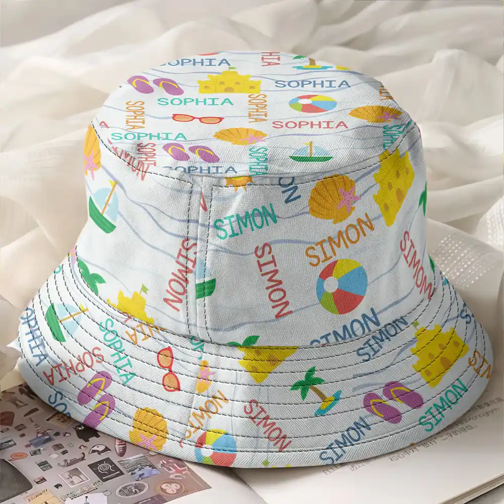 Summer Beach Vacation Holiday Vibe Cute Icon Custom Name - Personalized Bucket Hat - Image 2