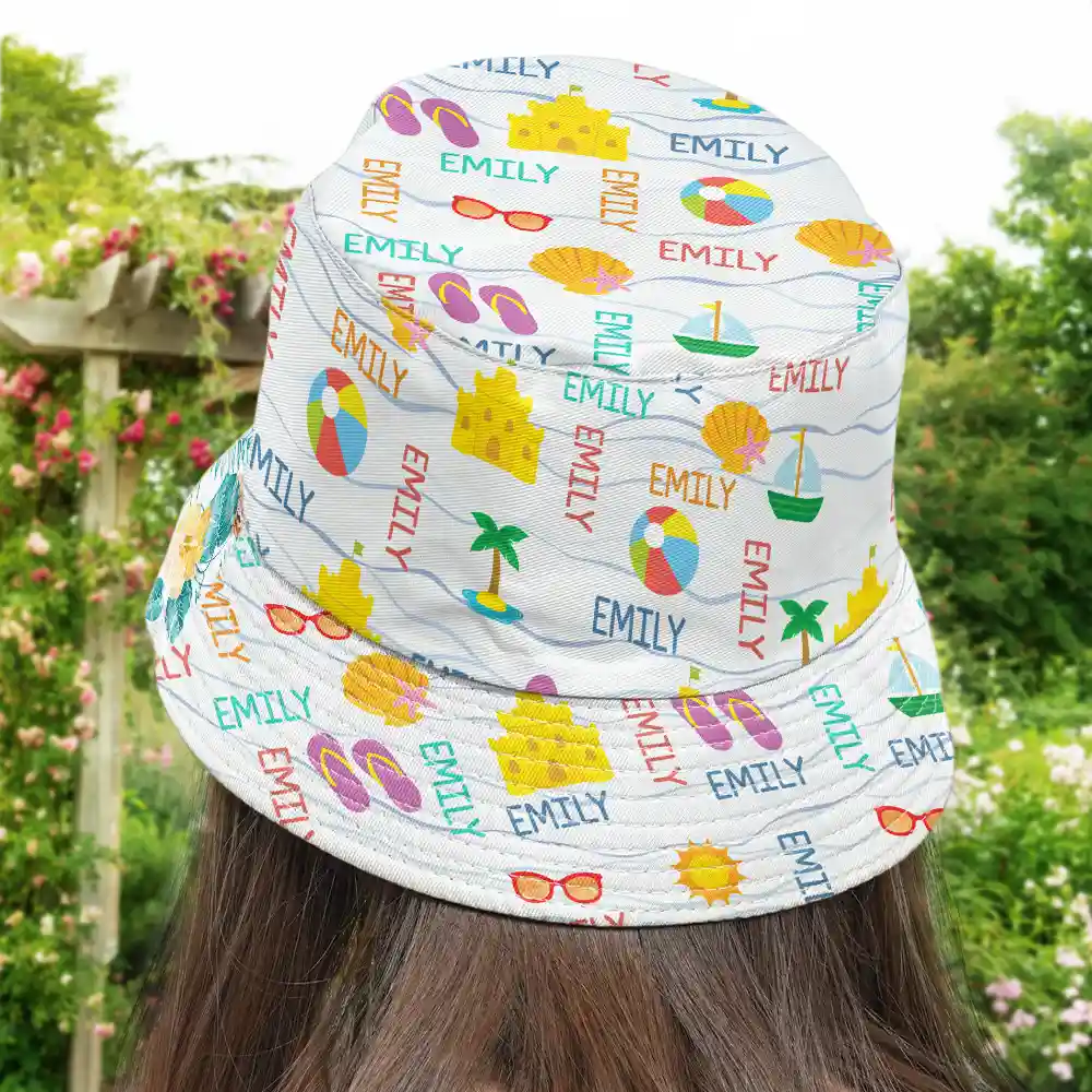 Summer Beach Vacation Holiday Vibe Cute Icon Custom Name - Personalized Bucket Hat - Image 4