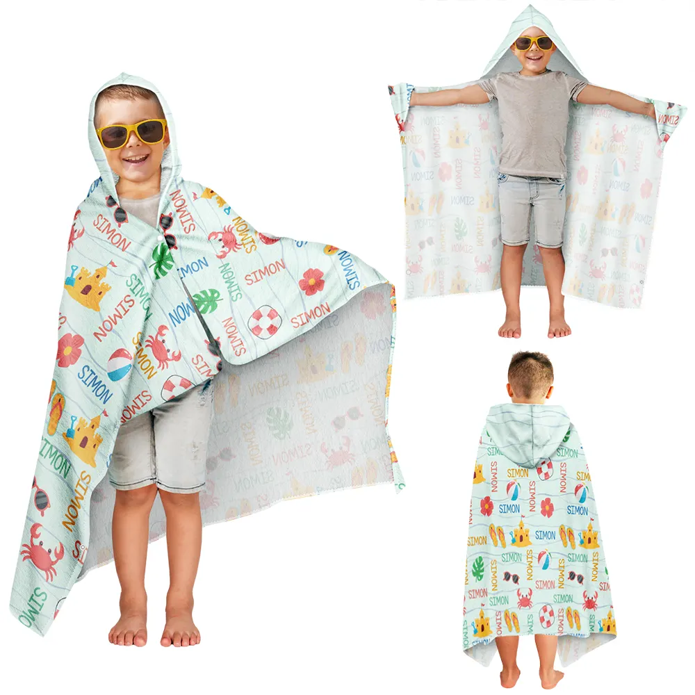 Summer Beach Vacation Holiday Vibe Cute Icon Custom Name - Personalized Hooded Beach Towel - Image 3