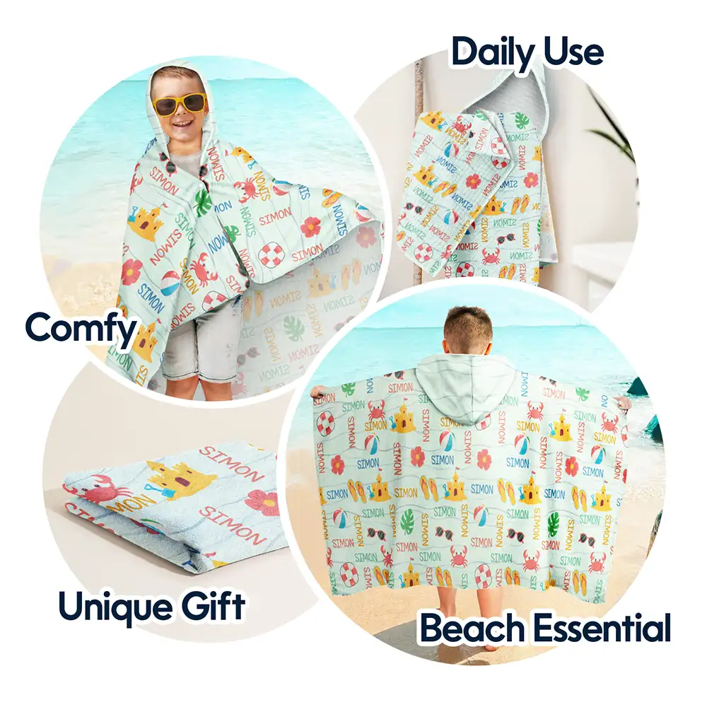 Summer Beach Vacation Holiday Vibe Cute Icon Custom Name - Personalized Hooded Beach Towel - Image 6
