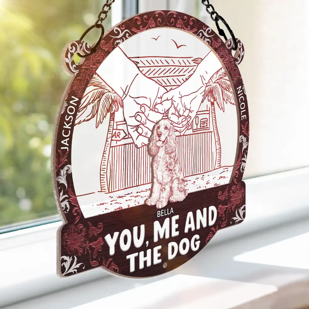 Summer Couple You And Me And The Dogs Toile Art - Personalized Window Hanging Suncatcher Ornament - Image 3