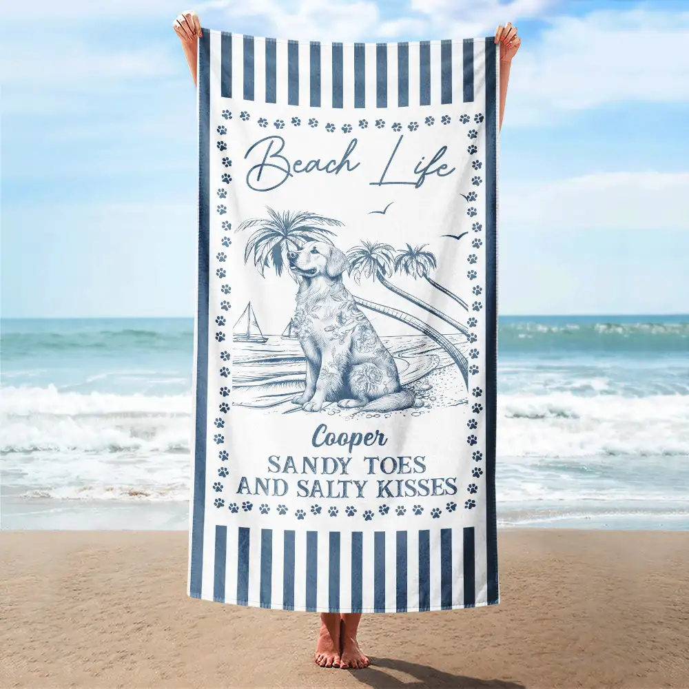 Summer Toile Dog Lover Beach Life Sandy Toes And Salty Kisses - Personalized Beach Towel - Image 2