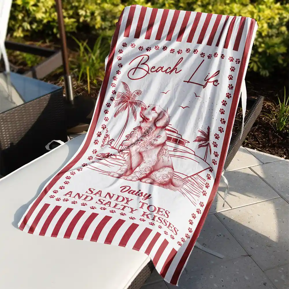 Summer Toile Dog Lover Beach Life Sandy Toes And Salty Kisses - Personalized Beach Towel - Image 3