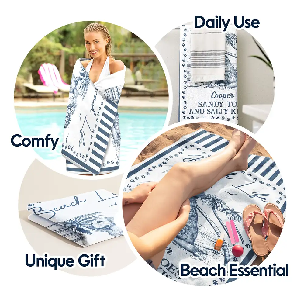 Summer Toile Dog Lover Beach Life Sandy Toes And Salty Kisses - Personalized Beach Towel - Image 5