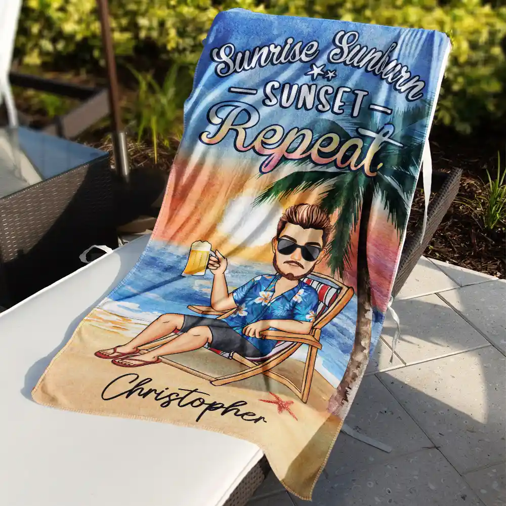 Sunrise Sunburn Sunset Repeat - Personalized Beach Towel - Image 3