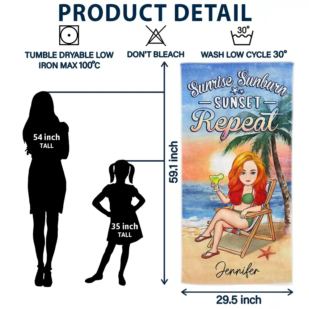 Sunrise Sunburn Sunset Repeat - Personalized Beach Towel - Image 6