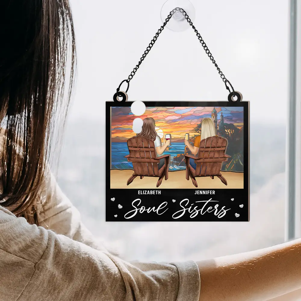 Sunset Besties Sisters Sitting Together - Personalized Window Hanging Suncatcher Ornament - Image 4