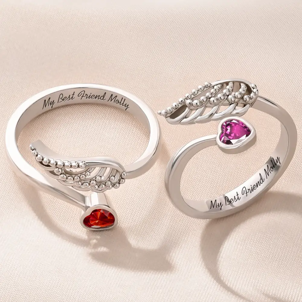 Sweetest Hello Hardest Goodbye - Personalized Wing And Heart Birthstone Ring - Image 2